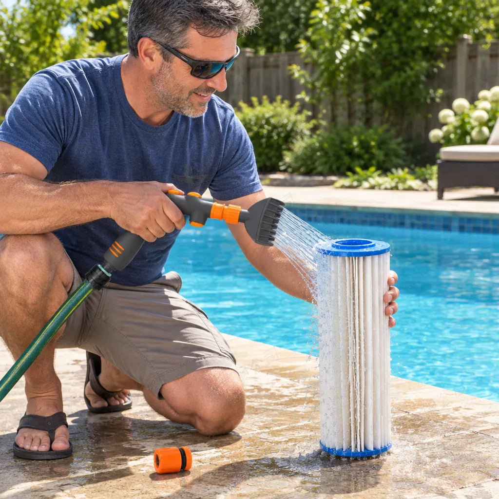 Man at the pool deck using a pool filter cleaner wand to rinse a cartridge filter