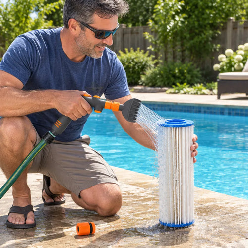 Homme au bord de la piscine rinçant une cartouche de filtre avec une baguette de nettoyage