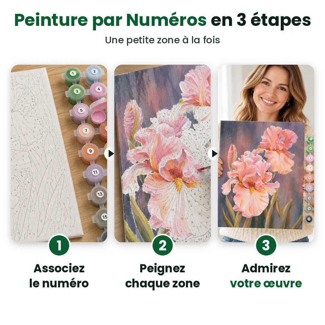 Peinture par numéros en trois étapes : associer le numéro, peindre chaque zone, admirer l'œuvre