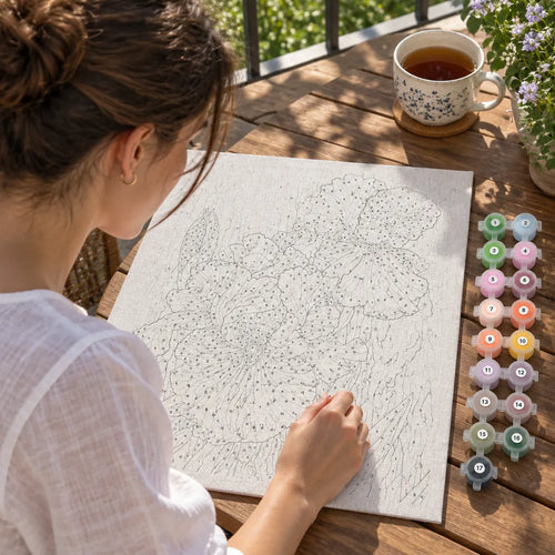 Junge Frau malt auf sonnigem Balkon eine nummerierte Iris-Leinwand, daneben eine Tasse Tee