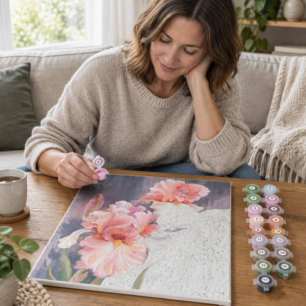 Woman painting a paint by numbers canvas on a living room coffee table with numbered paint pots
