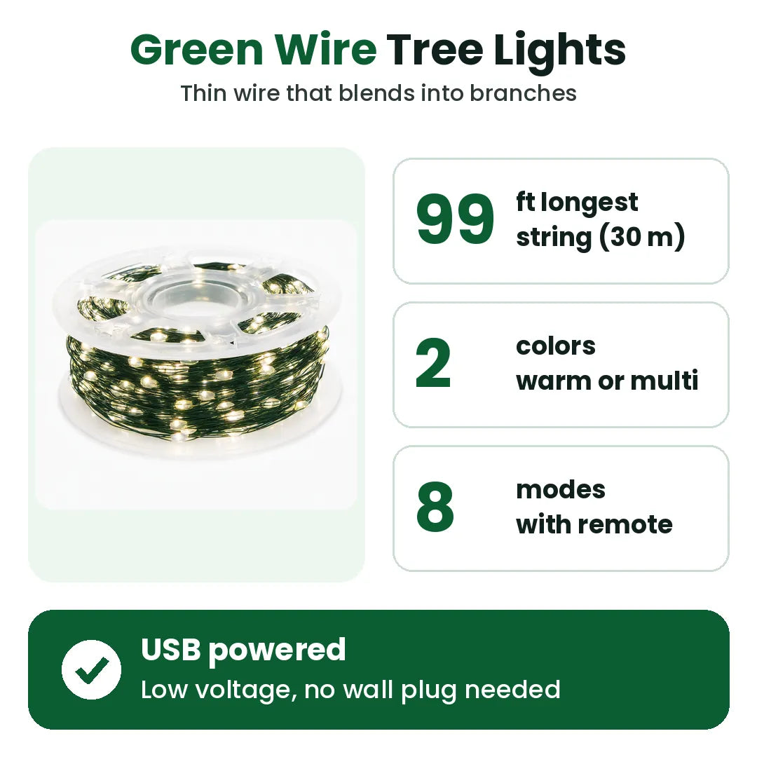 Green wire Christmas tree lights on a reel with 99 ft length, 2 colors and 8 modes