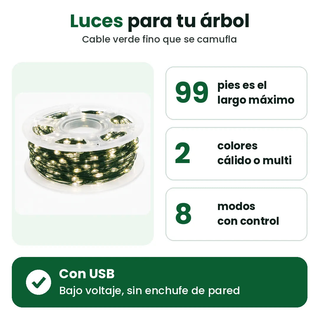 Luces de Navidad para árbol con cable verde: 99 pies, 2 colores y 8 modos