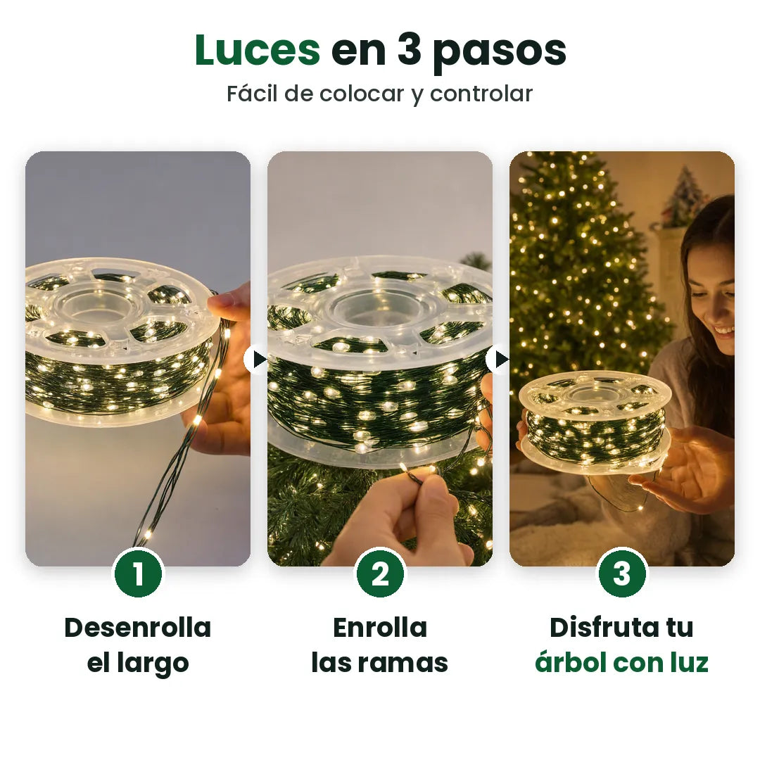 Tres pasos para poner luces de Navidad de cable verde en tu árbol