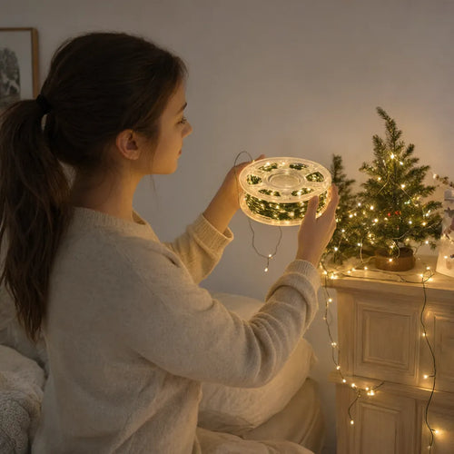 Girl holding a reel of warm white fairy lights next to a small Christmas tree