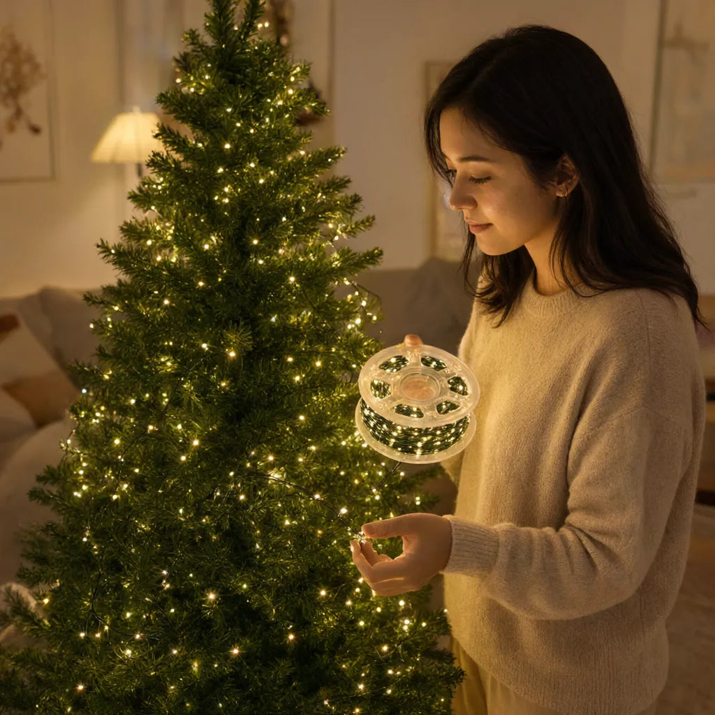 Woman decorating a Christmas tree with warm white LED string lights