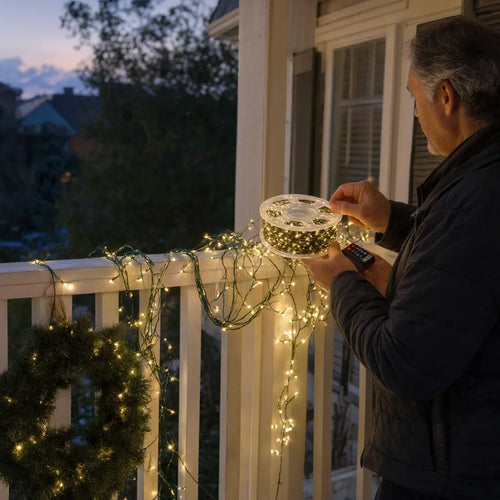 Man putting LED Christmas lights on a porch railing and wreath at dusk