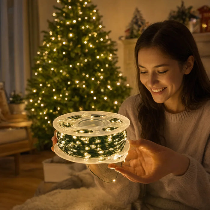 Smiling woman holding a reel of LED string lights beside a lit Christmas tree