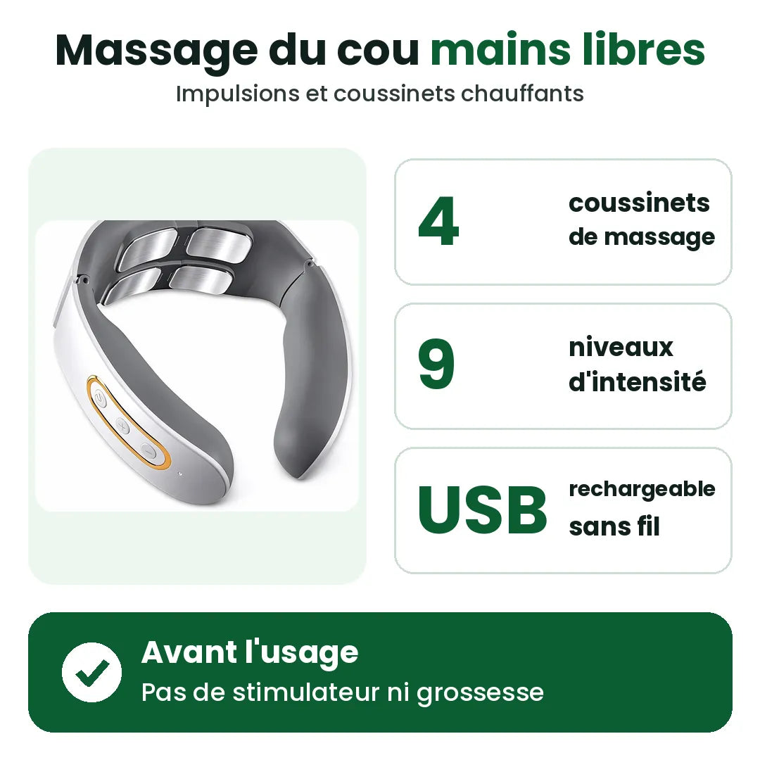 Masseur de cou chauffant électrique, rechargeable par USB