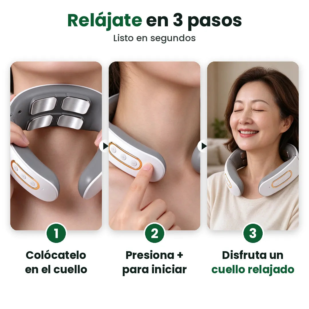Tres pasos para usar el masajeador de cuello: ponerlo, presionar y relajarse