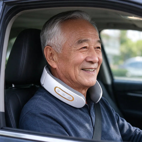 Homme âgé souriant dans une voiture avec un masseur de cou