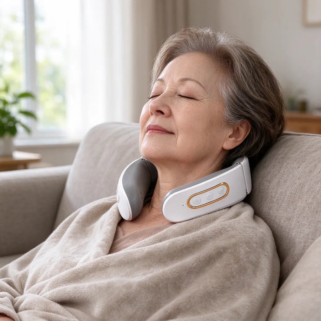 Woman resting on a sofa with a blanket wearing a neck massager