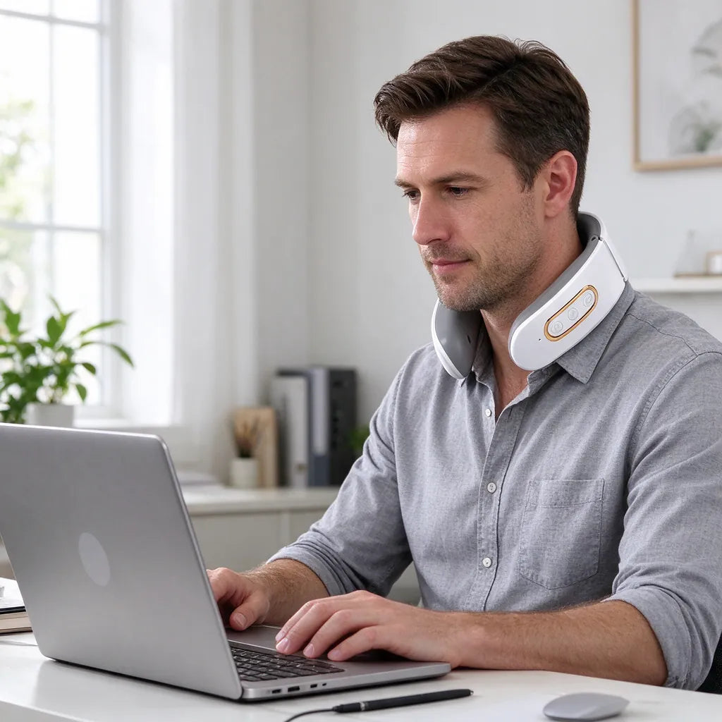 Homme portant le masseur de cou en travaillant sur un ordinateur portable