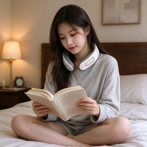 Jeune femme qui lit au lit avec un masseur de cou