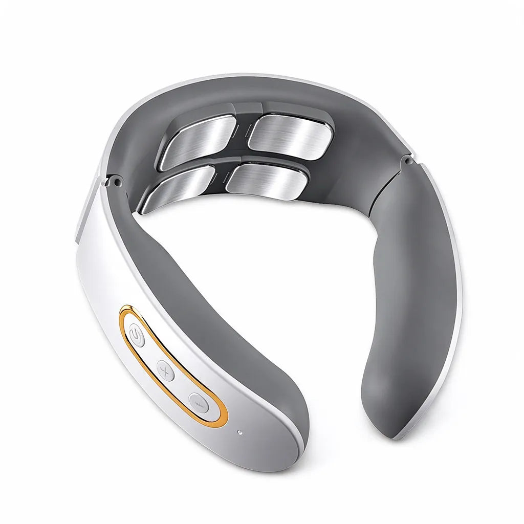Masajeador de cuello eléctrico blanco con cuatro almohadillas plateadas