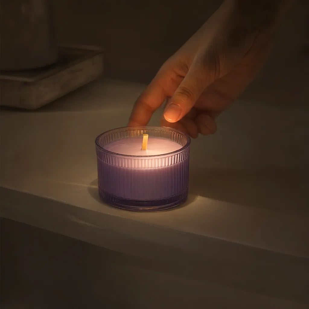A hand reaching to light a lavender ribbed glass candle on a dim shelf