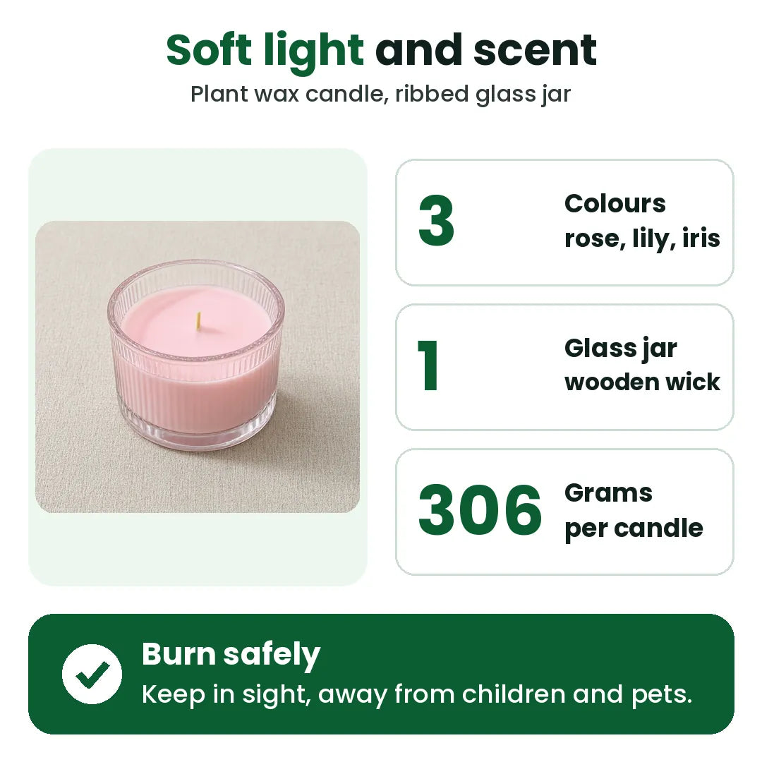 Scented candle details: three colours, ribbed glass jar, wooden wick and 306 g weight
