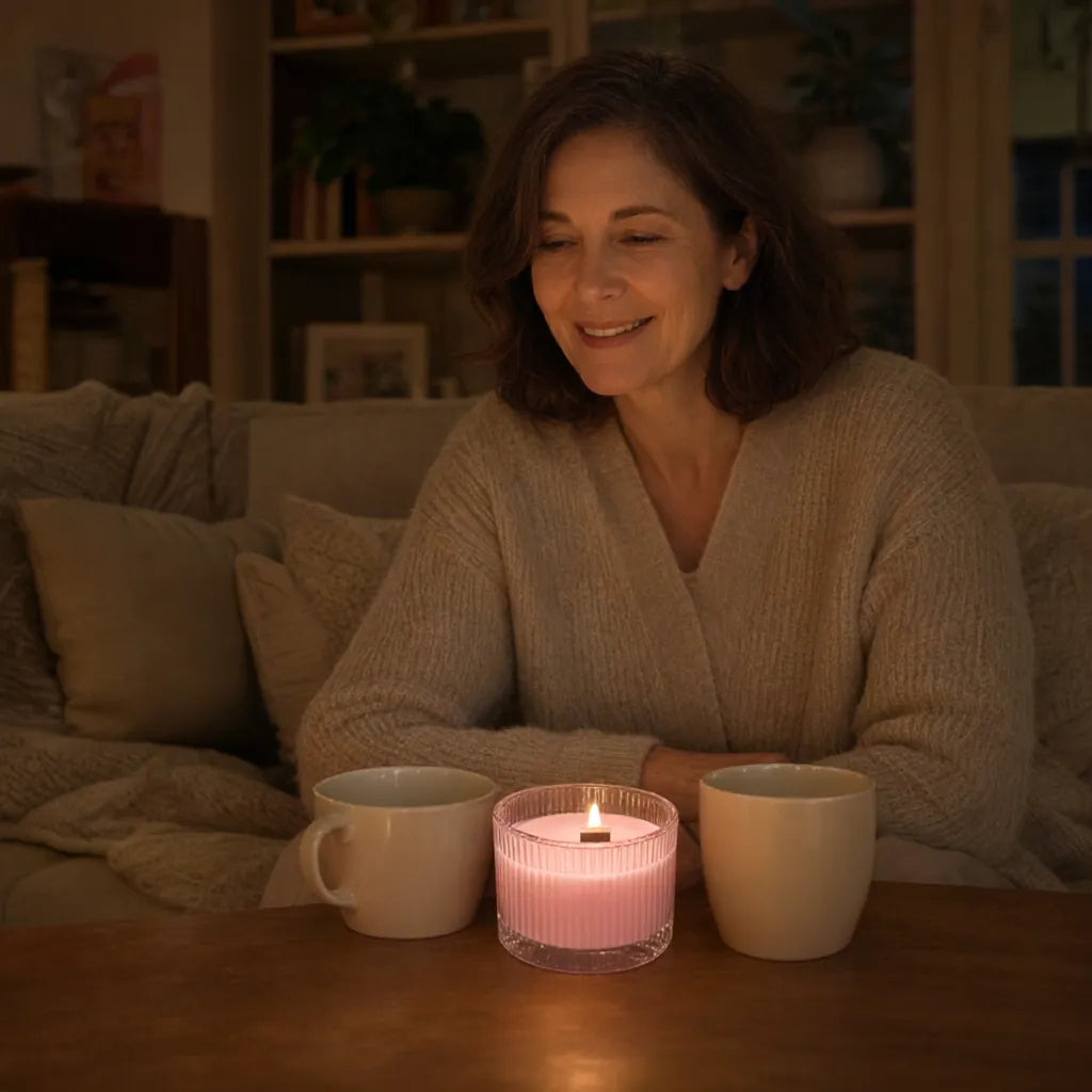 Woman relaxing on a sofa with a lit pink wooden wick candle on the coffee table