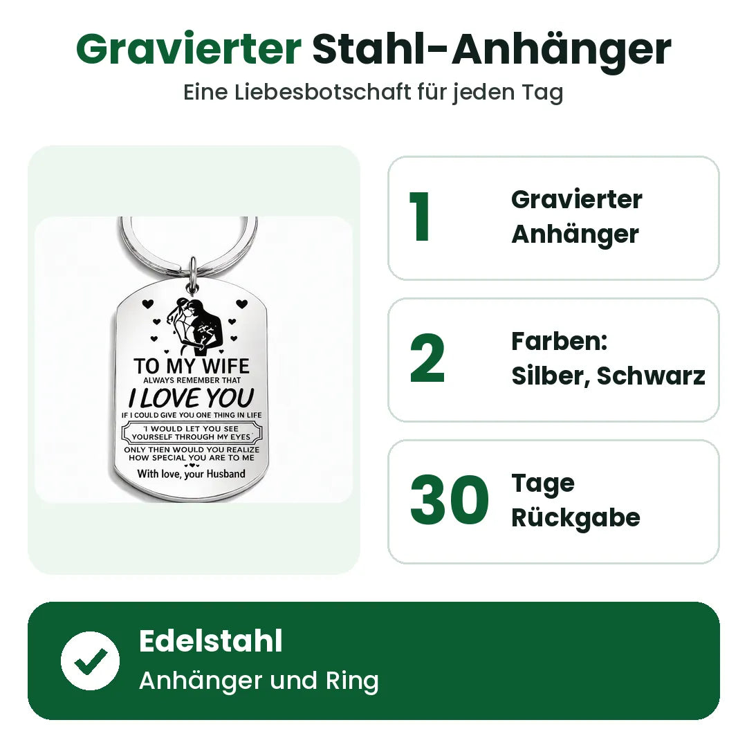 Gravierter Stahl-Schlüsselanhänger in Silber oder Schwarz mit 30 Tagen Rückgabe