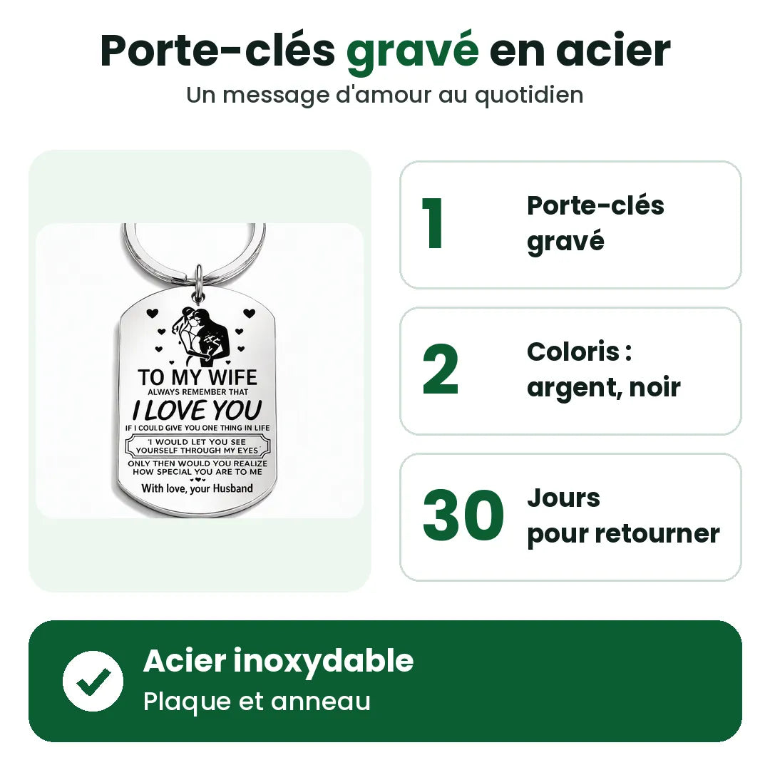 Porte-clés gravé en acier : argenté ou noir, retours sous 30 jours