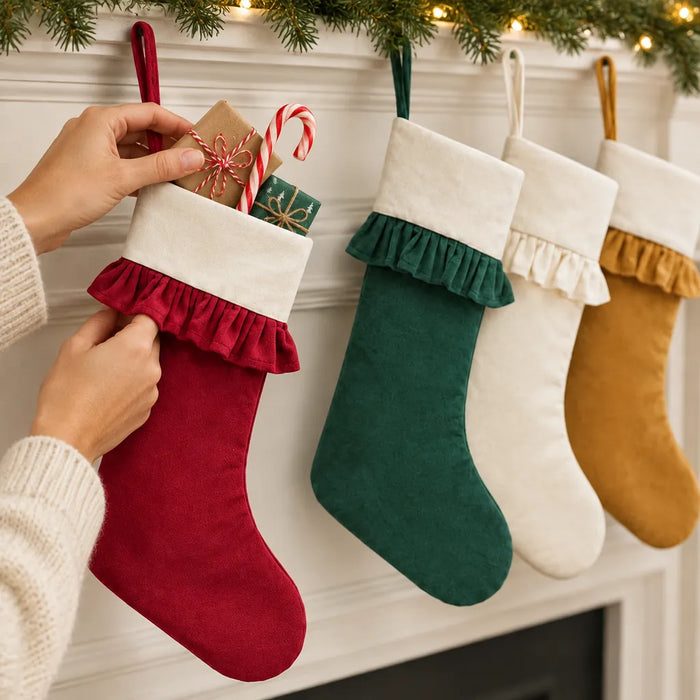 Mains glissant de petits cadeaux et une canne de bonbon dans un bas de Noël