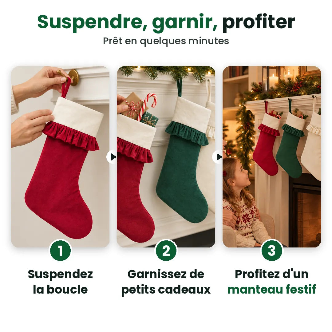 Trois étapes pour suspendre et garnir des bas de Noël sur un manteau