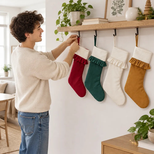 Jeune homme suspendant quatre bas de Noël à des crochets sous une tablette