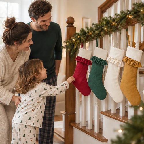 Famille et enfant suspendant quatre bas de Noël à une rampe d'escalier