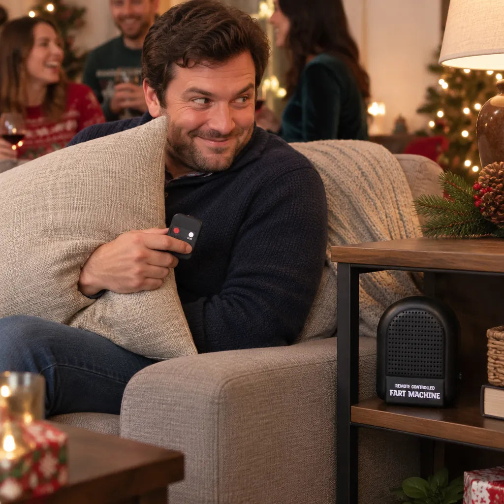 Man hiding a gag gift remote behind a cushion at a holiday party in the living room