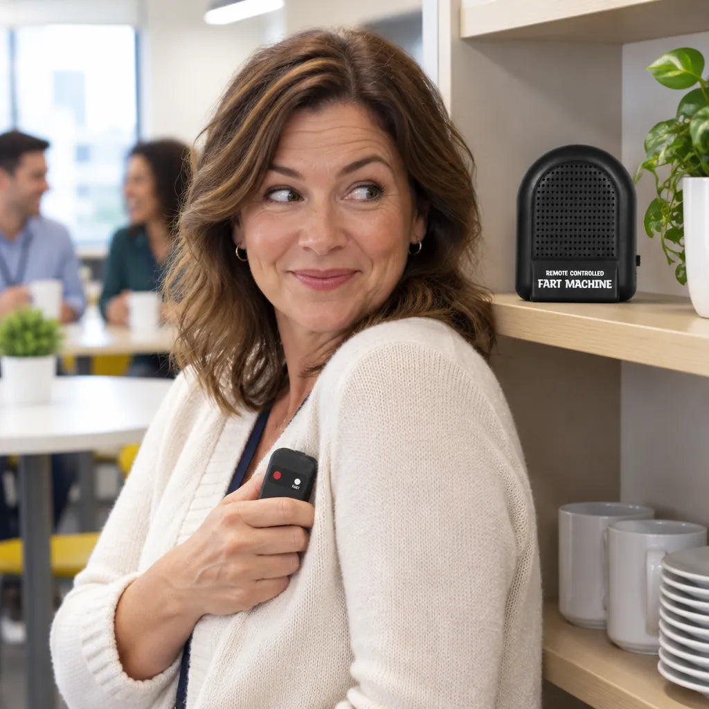 Woman hiding a prank remote at the office while the gag speaker sits on a shelf