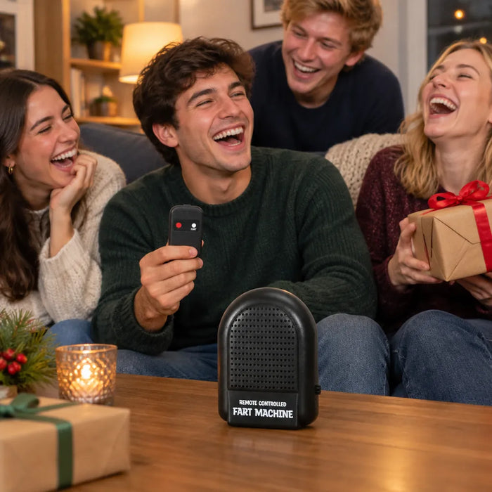 Amigos riendo en el sillón mientras un hombre sostiene el control de un regalo chistoso