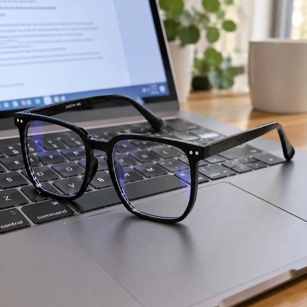 Black blue light glasses resting on a laptop keyboard in front of the screen