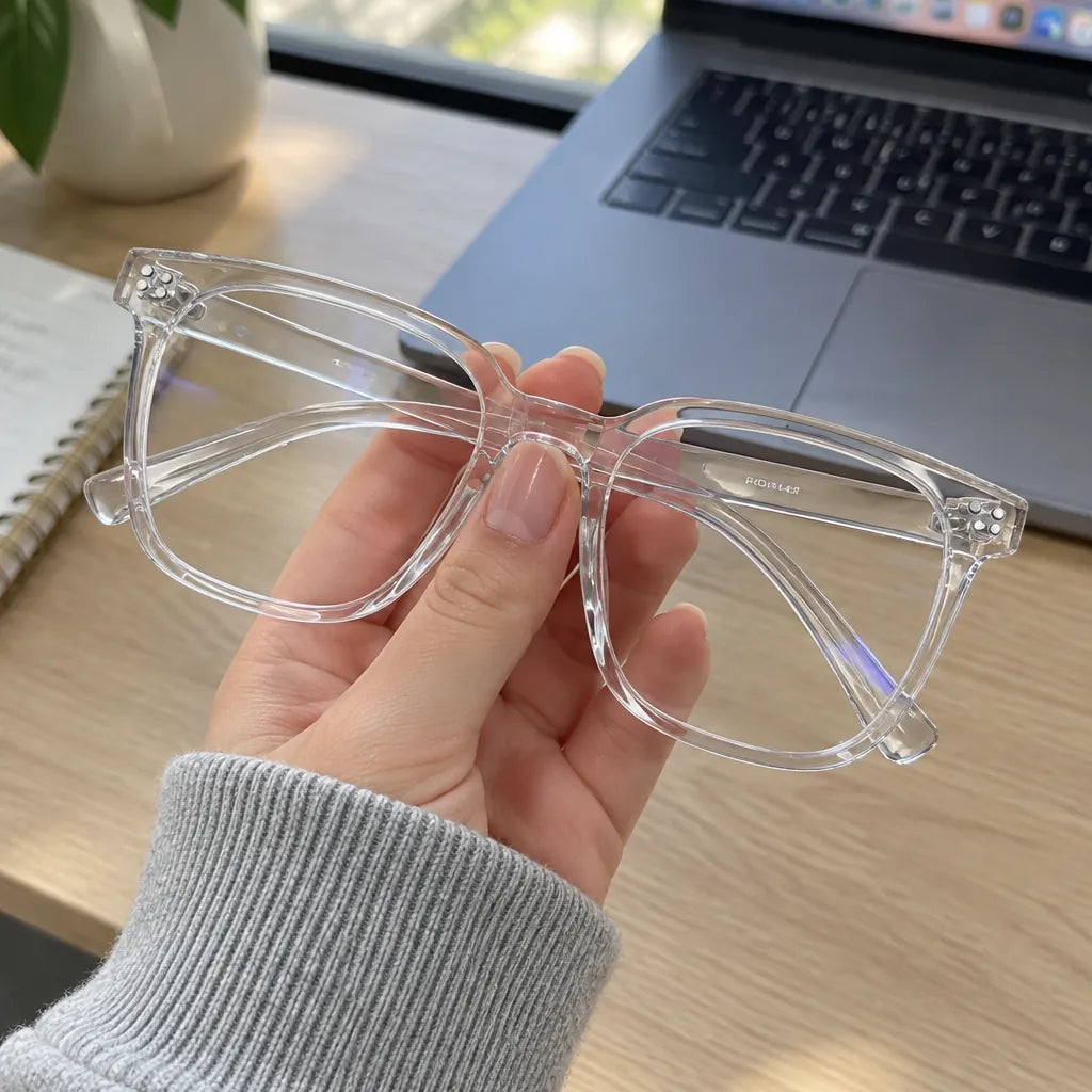 Hand holding clear square glasses by the bridge to show their size