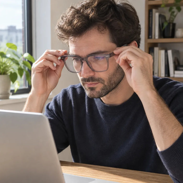 Man putting on grey computer glasses at his desk in front of a laptop
