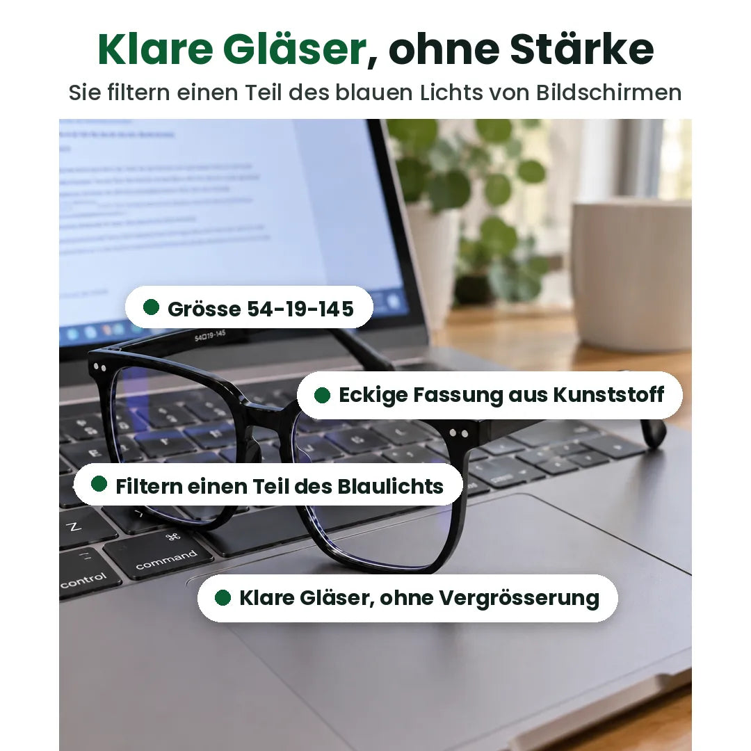 Blaulichtfilter Brille auf einem Laptop mit Hinweisen: klare Gläser, Grösse 54-19-145
