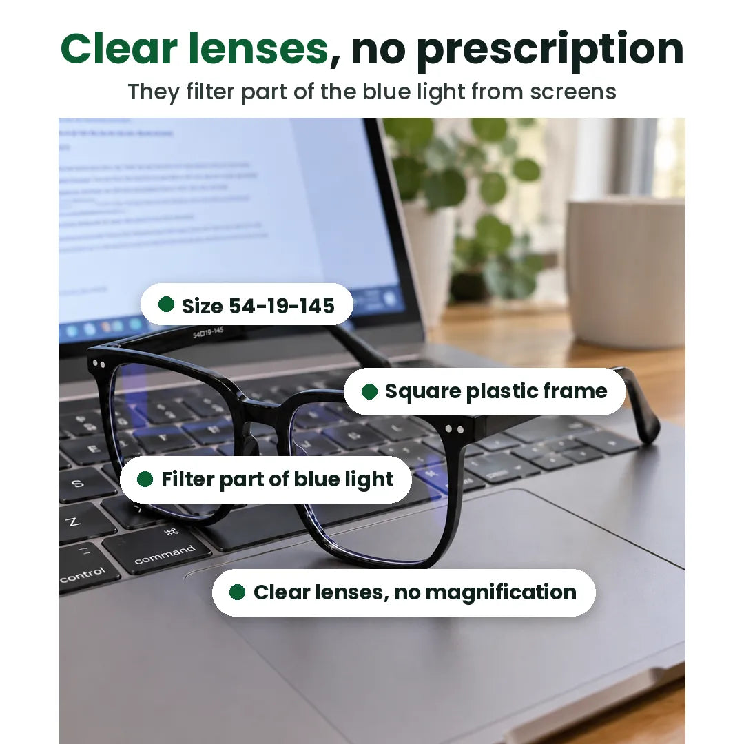 Blue light glasses on a laptop with labels: clear lenses, no magnification, size 54-19-145