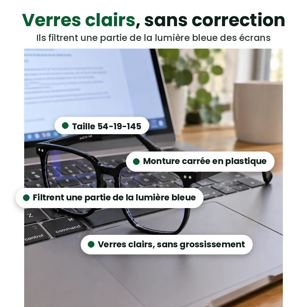 Lunettes anti lumière bleue sur un portable avec étiquettes : verres clairs, taille 54-19-145