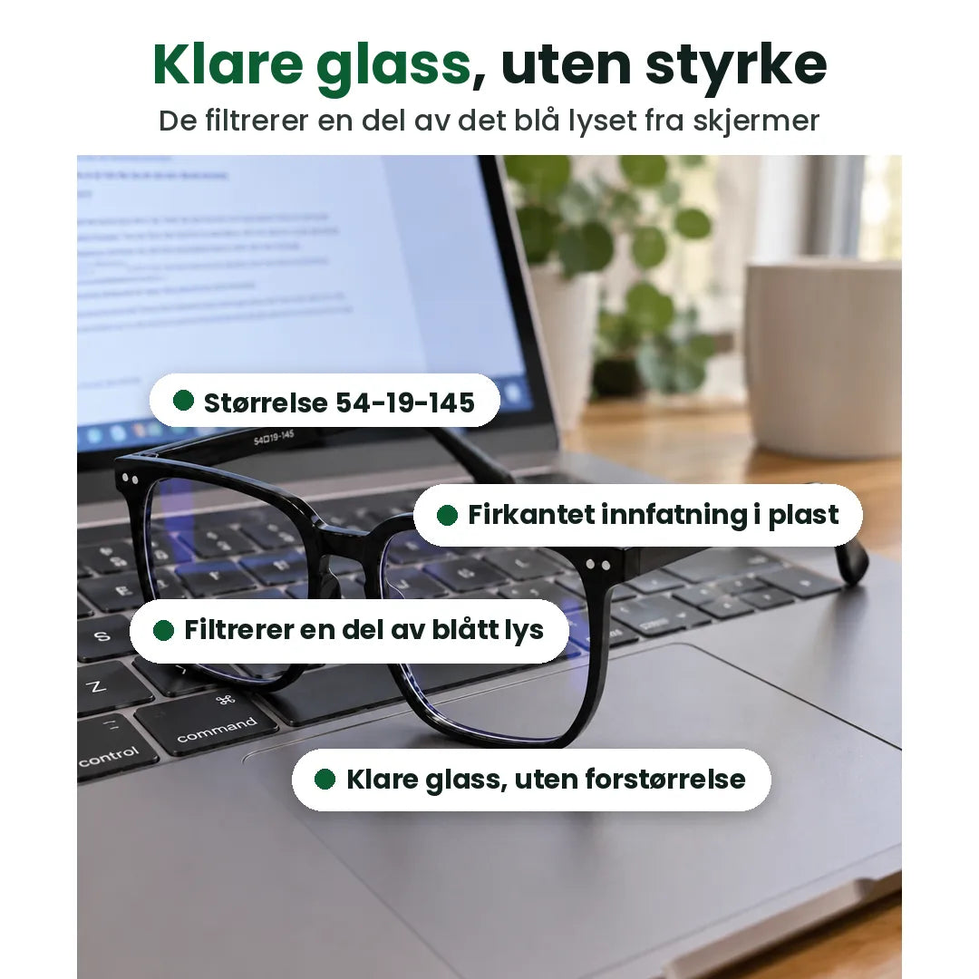 Blålysbriller på en laptop med merker: klare glass, uten forstørrelse, størrelse 54-19-145