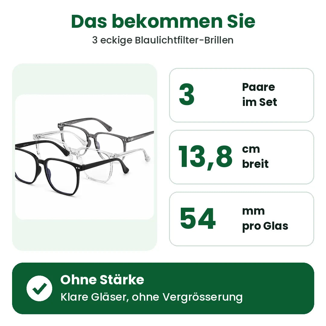 Das bekommen Sie: 3 eckige Blaulichtfilter-Brillen, 13,8 cm breit, ohne Stärke