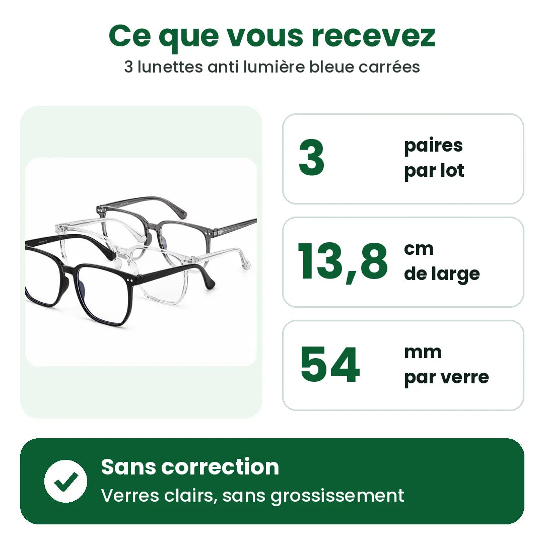 Ce que vous recevez : 3 paires de lunettes lumière bleue carrées de 13,8 cm, sans correction