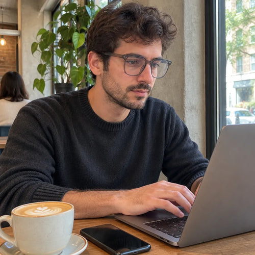 Man working on a laptop at a cafe table wearing grey square glasses