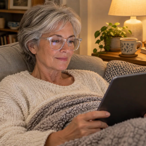 Woman in her sixties reading a tablet on the couch wearing clear glasses