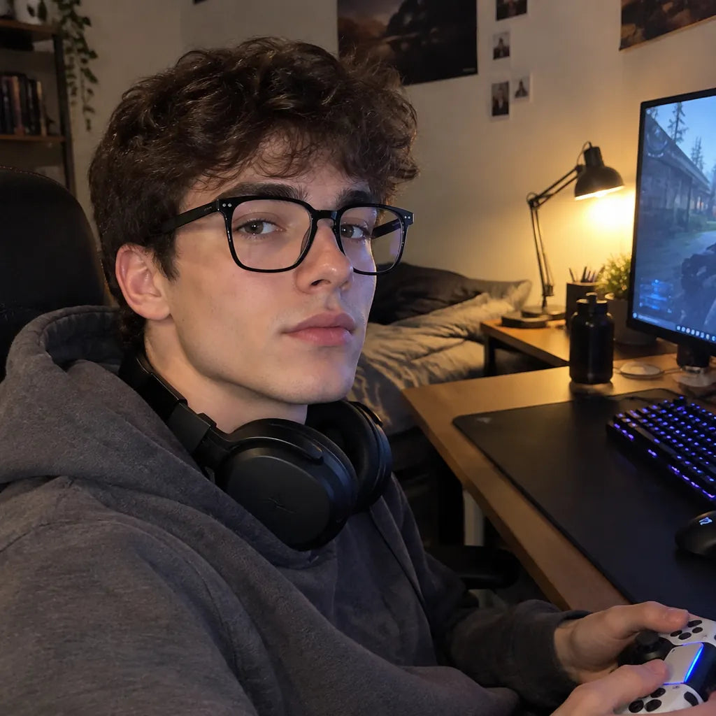 Young man with a controller at his PC wearing black gaming glasses