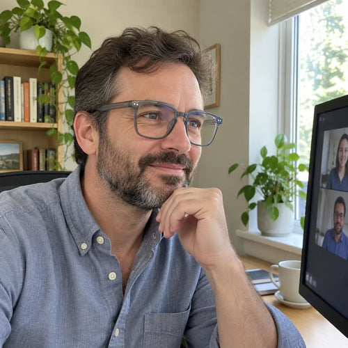 Bearded man on a video call in his home office wearing grey blue light glasses