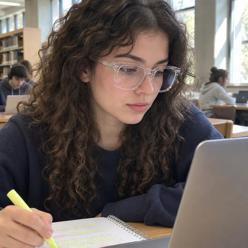 Student studying with a laptop in the library wearing clear frame glasses