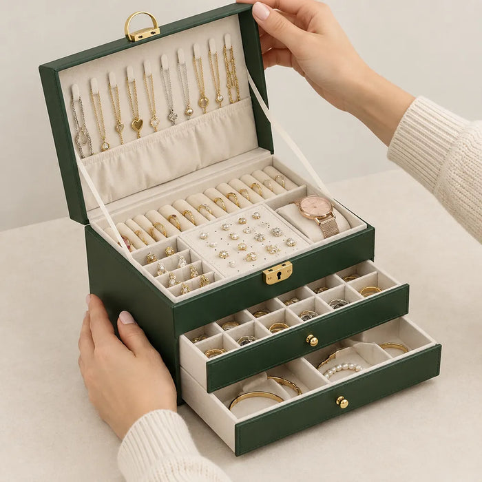 Hands opening the lid of a green jewellery organiser to show necklace hooks and ring roll