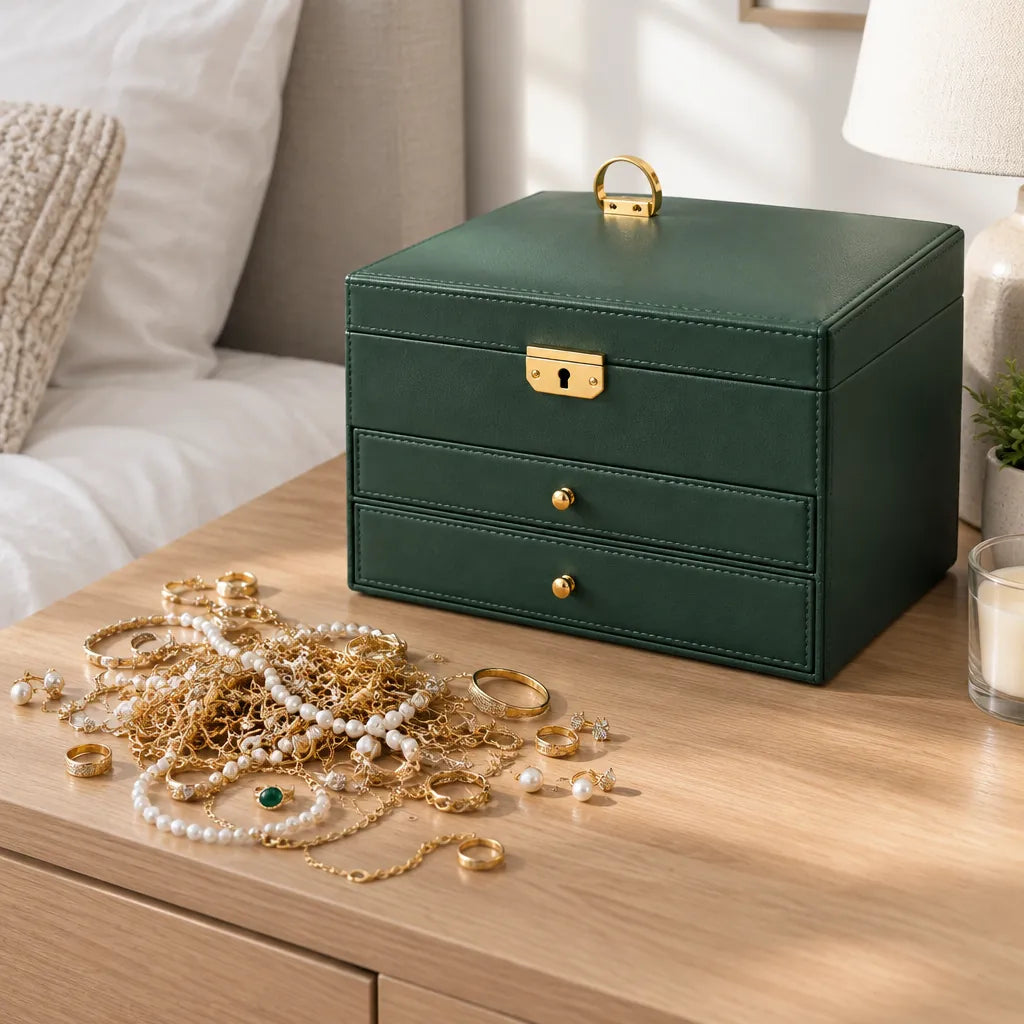Tangled gold necklaces, rings and earrings on a bedside table next to a green jewelry box