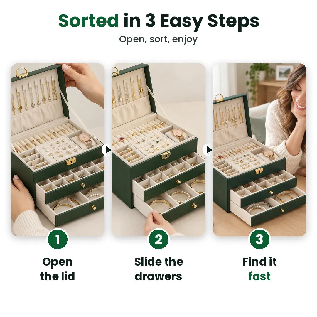 Three steps to organise jewellery in a three-layer jewellery box: open, slide drawers, find it fast