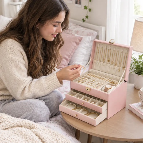 Girl on her bed choosing earrings from an open pink jewellery box with drawers