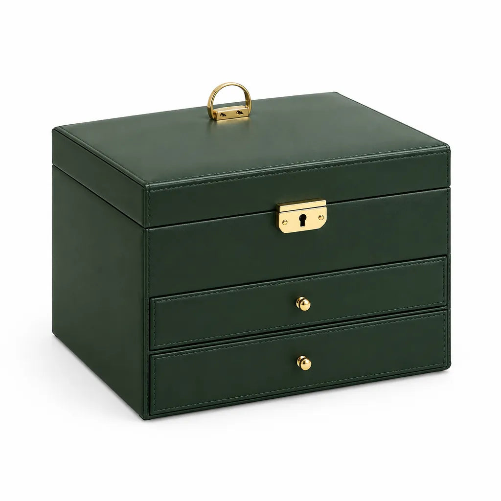 Green three-layer jewellery box for women with two drawers and a gold lock on white background